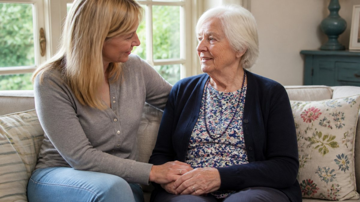 A warm, home-like living room in a small residential care home, with an adult daughter sitting beside her elderly mother on a sofa, holding her hand, soft natural light through the windows