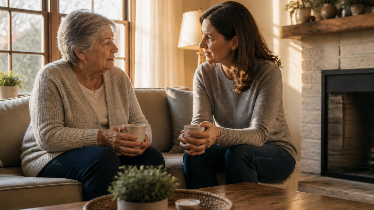 Adult child and elderly parent sitting together in a comfortable living room, having a calm, caring conversation over tea or coffee, with warm natural lighting from nearby windows