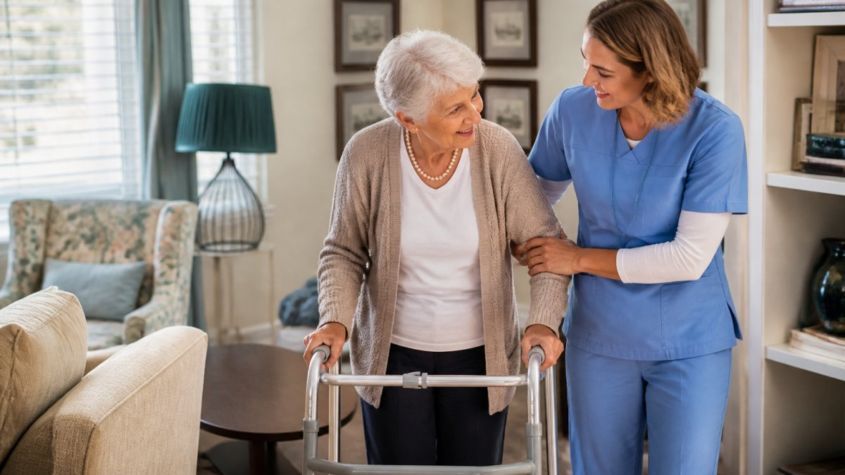 A caregiver gently assisting an older adult with walking in a bright, home-like living room with comfortable furniture and natural light