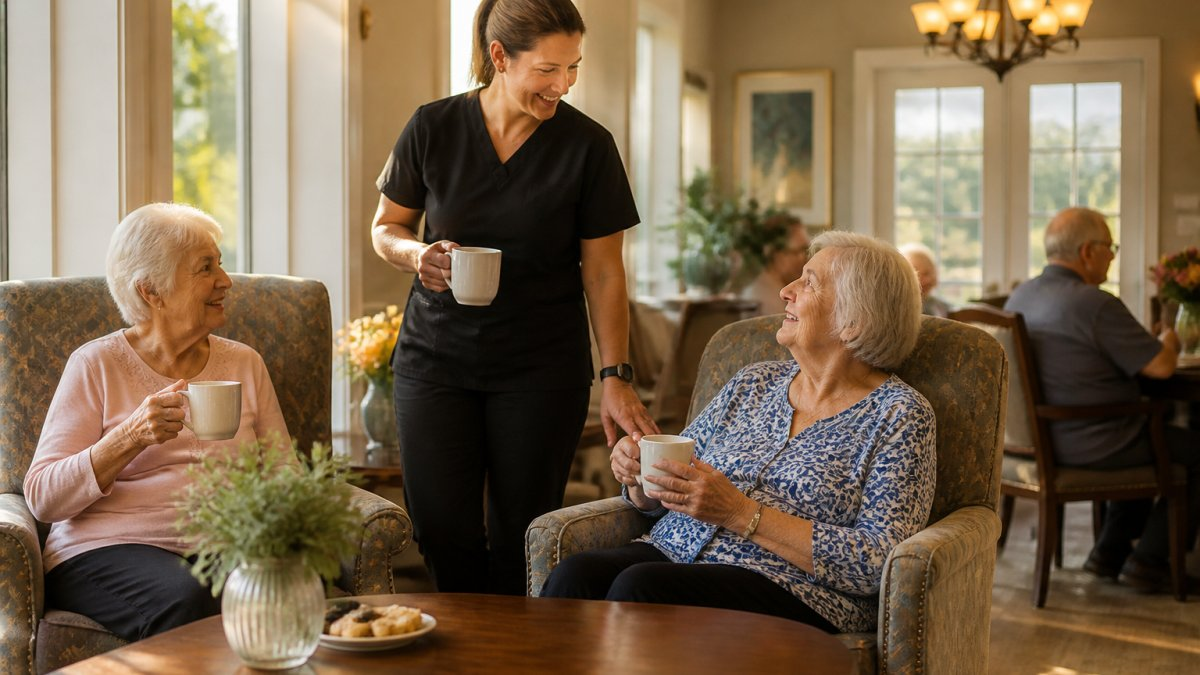 A warm, home-like assisted living common area with a caregiver and two senior residents chatting over coffee near a sunlit window
