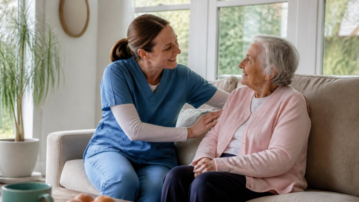 Caregiver assisting senior resident with warm, attentive interaction in home-like living room with comfortable furniture and natural lighting